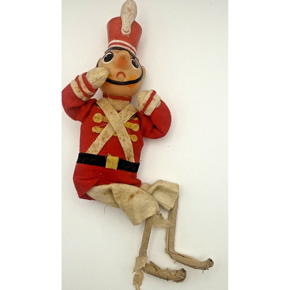 Vintage Pinocchio Soldier Red Rubber Face Cloth Body 10" Read